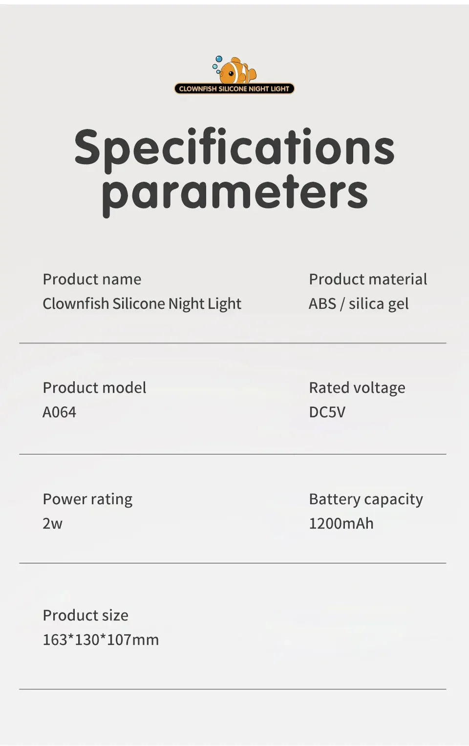 Cute Clownfish Children's Night Light Rechargeable