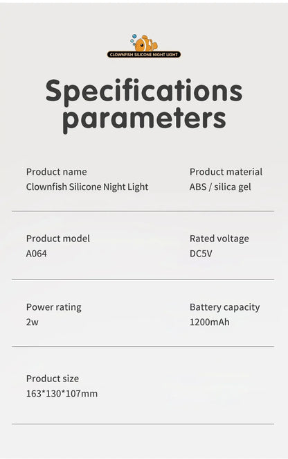 Cute Clownfish Children's Night Light Rechargeable